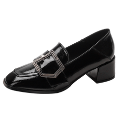 Women's Buckle Strap Block Mid Heels Loafers Square Toe British