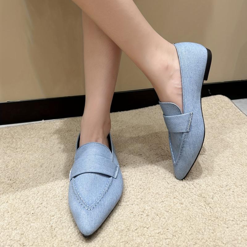 Women's Denim Flat Slip-On Shoes Pointed Toe Soft Sole Casual Walking Flats