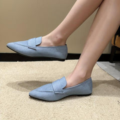 Women's Denim Flat Slip-On Shoes Pointed Toe Soft Sole Casual Walking Flats