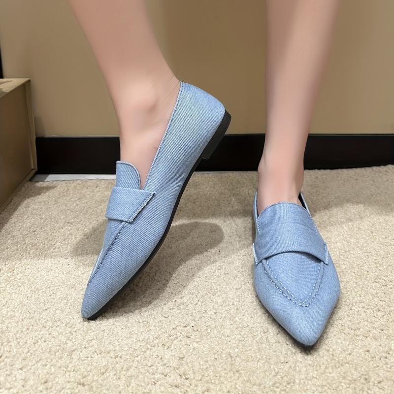 Women's Denim Flat Slip-On Shoes Pointed Toe Soft Sole Casual Walking Flats