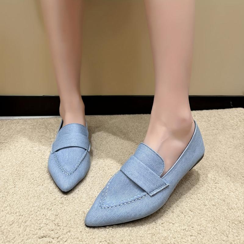 Women's Denim Flat Slip-On Shoes Pointed Toe Soft Sole Casual Walking Flats