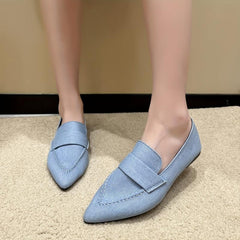 Women's Denim Flat Slip-On Shoes Pointed Toe Soft Sole Casual Walking Flats