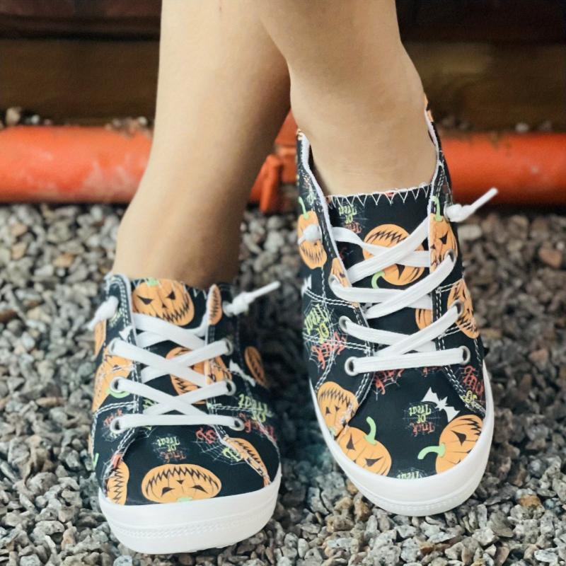 Women's Pumpkin Printed Flat Canvas Shoes Lightweight Halloween Comfy Shoes