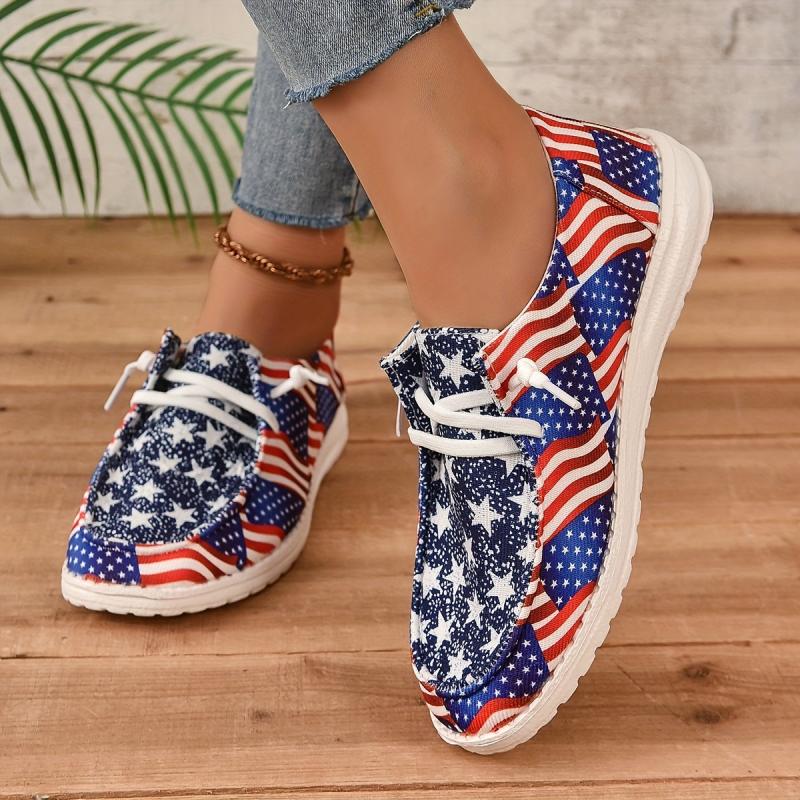 Women's Flag Print Canvas Shoes Lace Up Outdoor Sneakers Lightweight