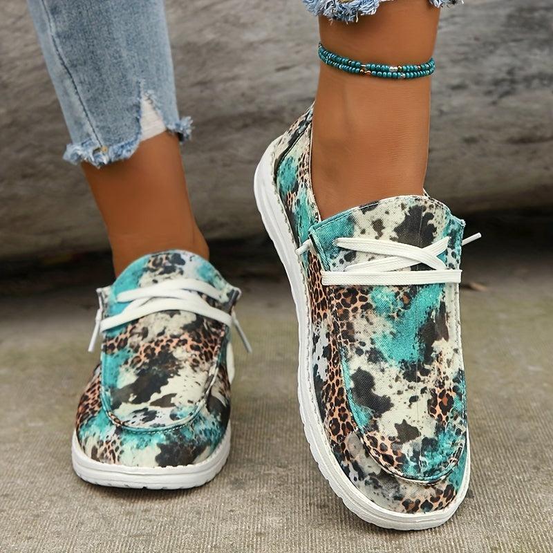 Leopard Pattern Flat Loafers Slip On Low Round Toe Lightweight Canvas Shoes