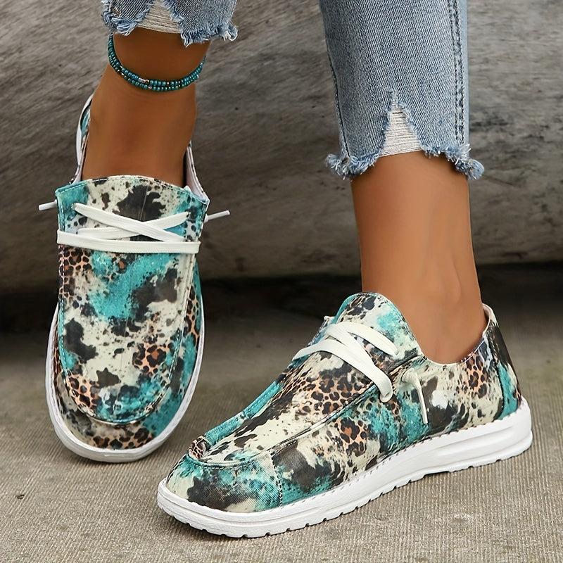 Leopard Pattern Flat Loafers Slip On Low Round Toe Lightweight Canvas Shoes