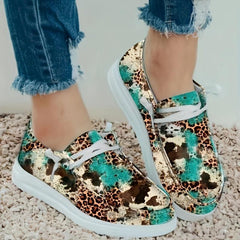 Leopard Pattern Flat Loafers Slip On Low Round Toe Lightweight Canvas Shoes