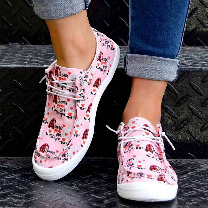 Women's Love Heart Canvas Shoes Lace Up Casual Flat Walking Shoes
