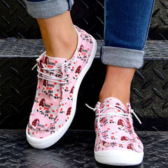Women's Love Heart Canvas Shoes Lace Up Casual Flat Walking Shoes