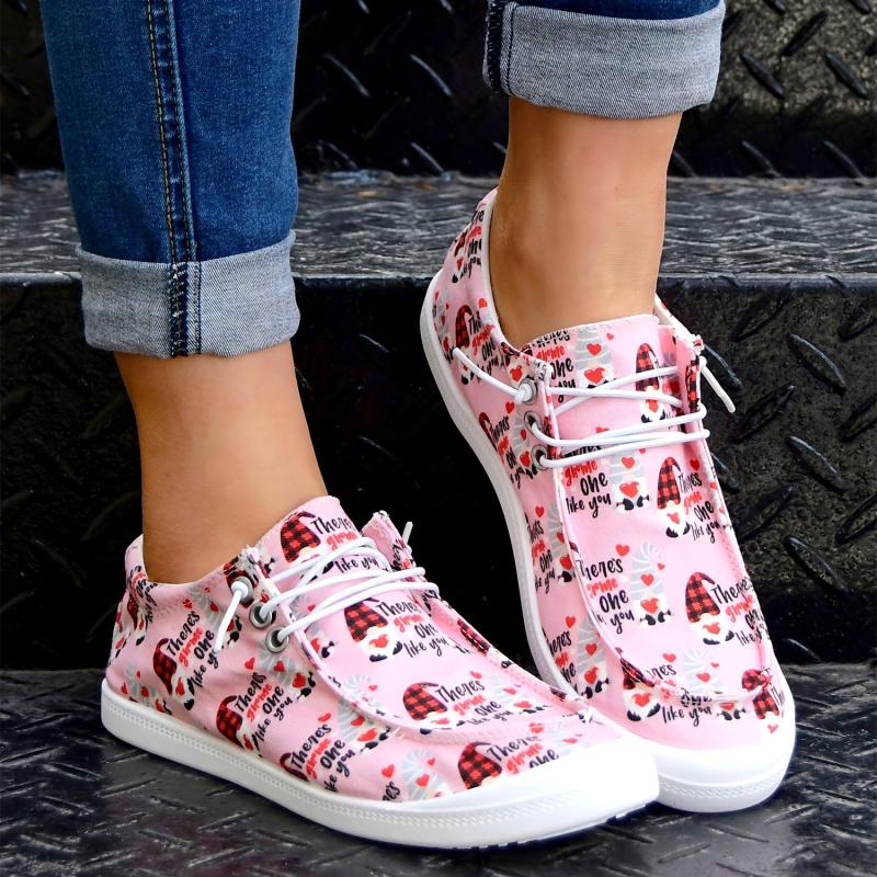 Women's Love Heart Canvas Shoes Lace Up Casual Flat Walking Shoes