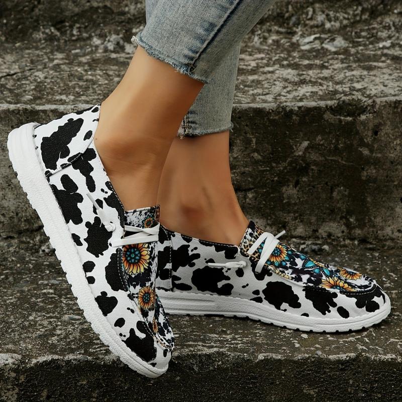 Women's Cow & Leopard Printed Lace Up Flat Canvas Shoes