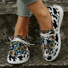 Women's Cow & Leopard Printed Lace Up Flat Canvas Shoes