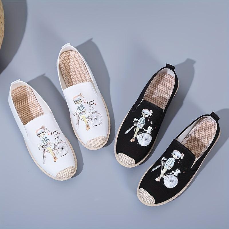 Women's Cartoon Print Flat Loafers Linen Slip On Canvas Shoes