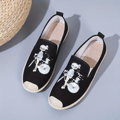 Women's Cartoon Print Flat Loafers Linen Slip On Canvas Shoes