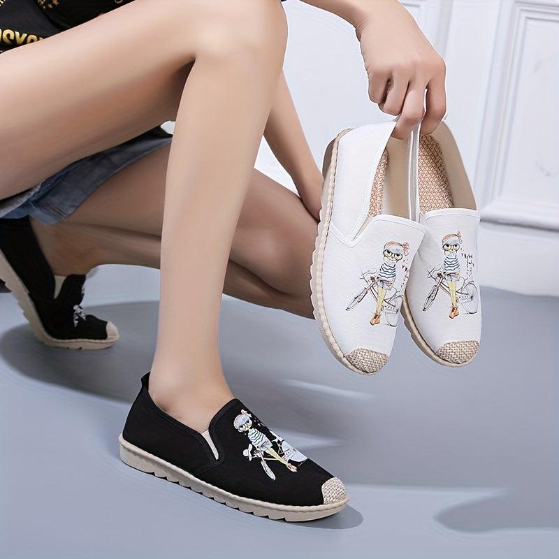 Women's Cartoon Print Flat Loafers Linen Slip On Canvas Shoes