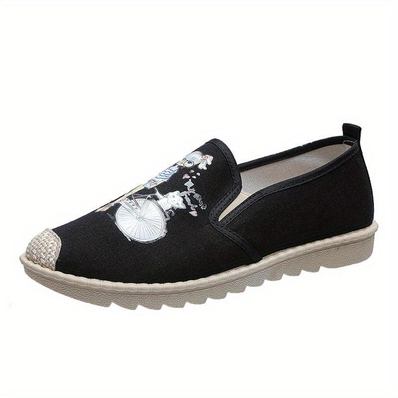 Women's Cartoon Print Flat Loafers Linen Slip On Canvas Shoes
