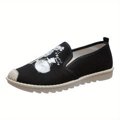 Women's Cartoon Print Flat Loafers Linen Slip On Canvas Shoes