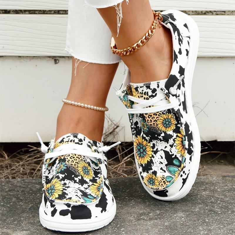 Women's Cow Sunflower Printed Canvas Loafers Lace Up Round Toe Shoes