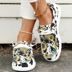 Women's Cow Sunflower Printed Canvas Loafers Lace Up Round Toe Shoes