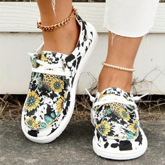 Women's Cow Sunflower Printed Canvas Loafers Lace Up Round Toe Shoes
