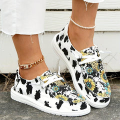 Women's Cow Sunflower Printed Canvas Loafers Lace Up Round Toe Shoes