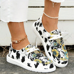 Women's Cow Sunflower Printed Canvas Loafers Lace Up Round Toe Shoes