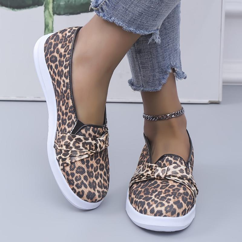 Leopard Print Slip On Loafers Round Toe Flat Walking Shoes