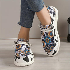 Women's Sunflower Canvas Shoes Round Toe Cow Print Loafers