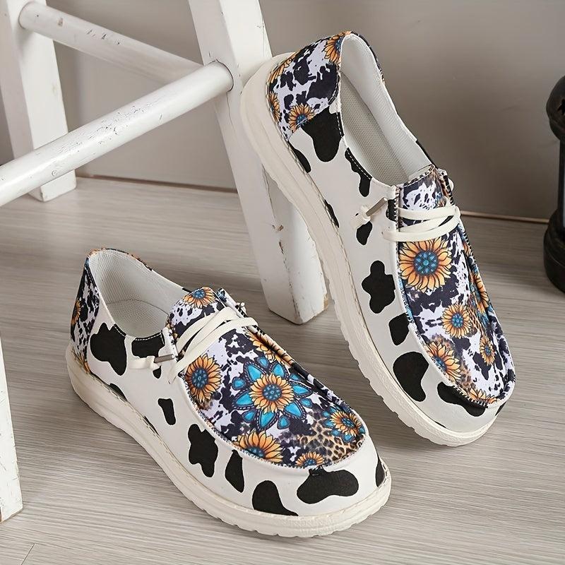 Women's Sunflower Canvas Shoes Round Toe Cow Print Loafers