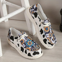 Women's Sunflower Canvas Shoes Round Toe Cow Print Loafers