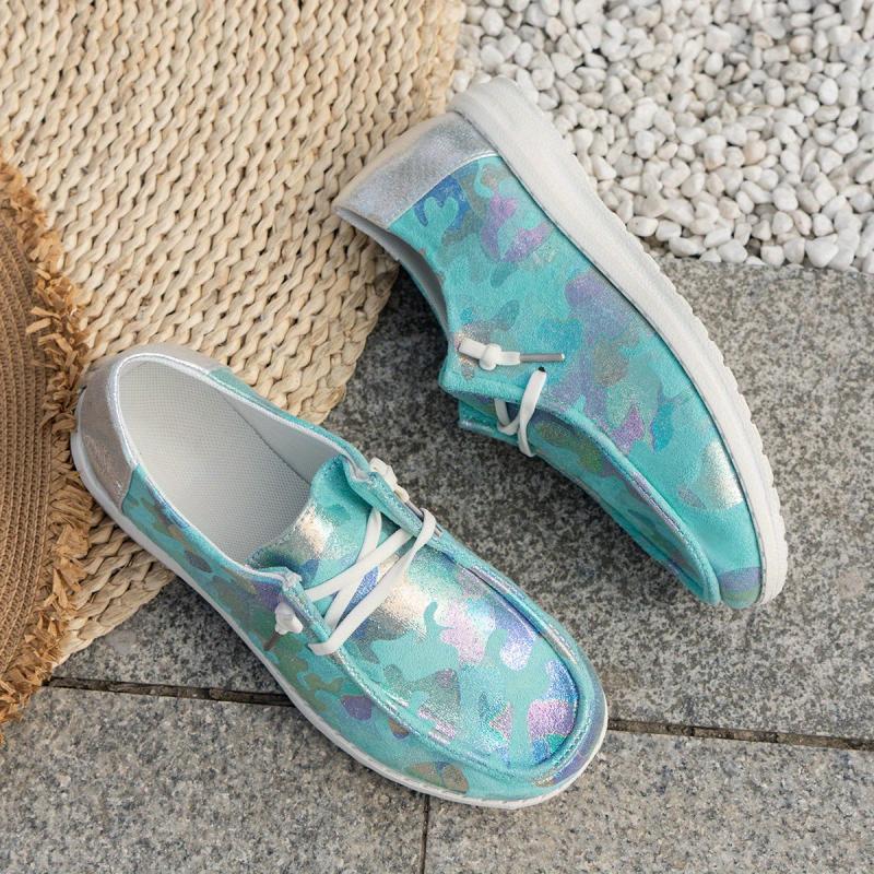 Women's Colorblock Sequins Loafers Lace Up Low Flat Shoes