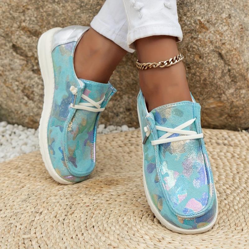Women's Colorblock Sequins Loafers Lace Up Low Flat Shoes