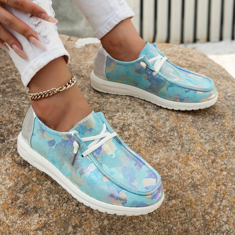 Women's Colorblock Sequins Loafers Lace Up Low Flat Shoes