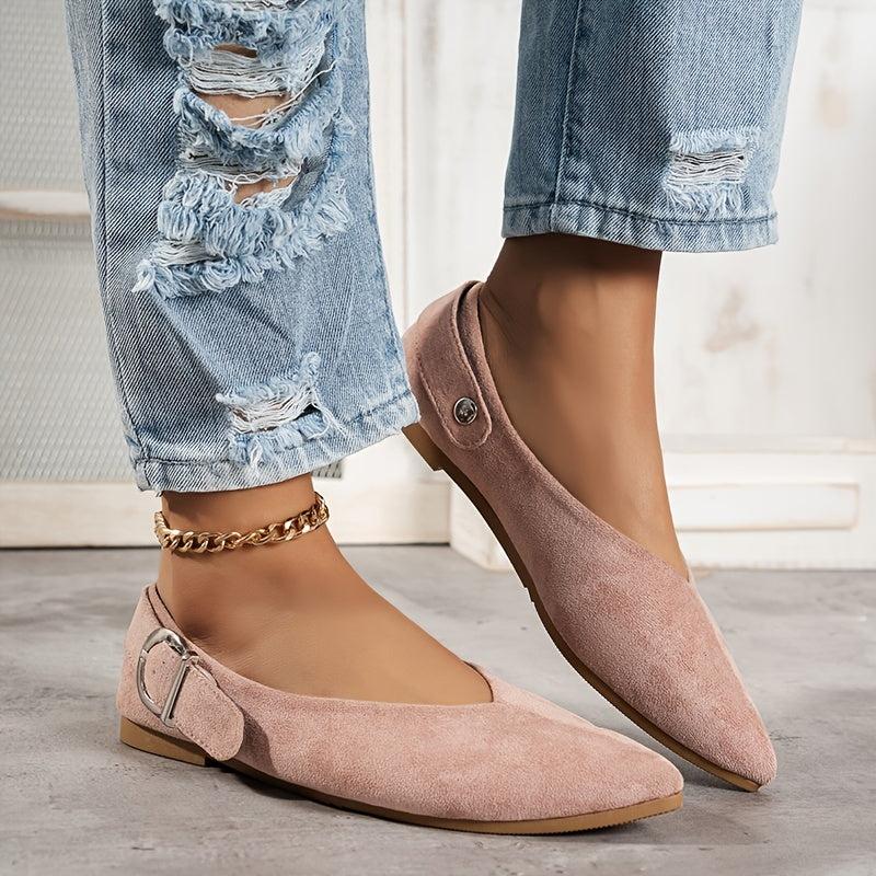 Women's Pointed Toe V-cut Loafers with Metal Buckle Strap