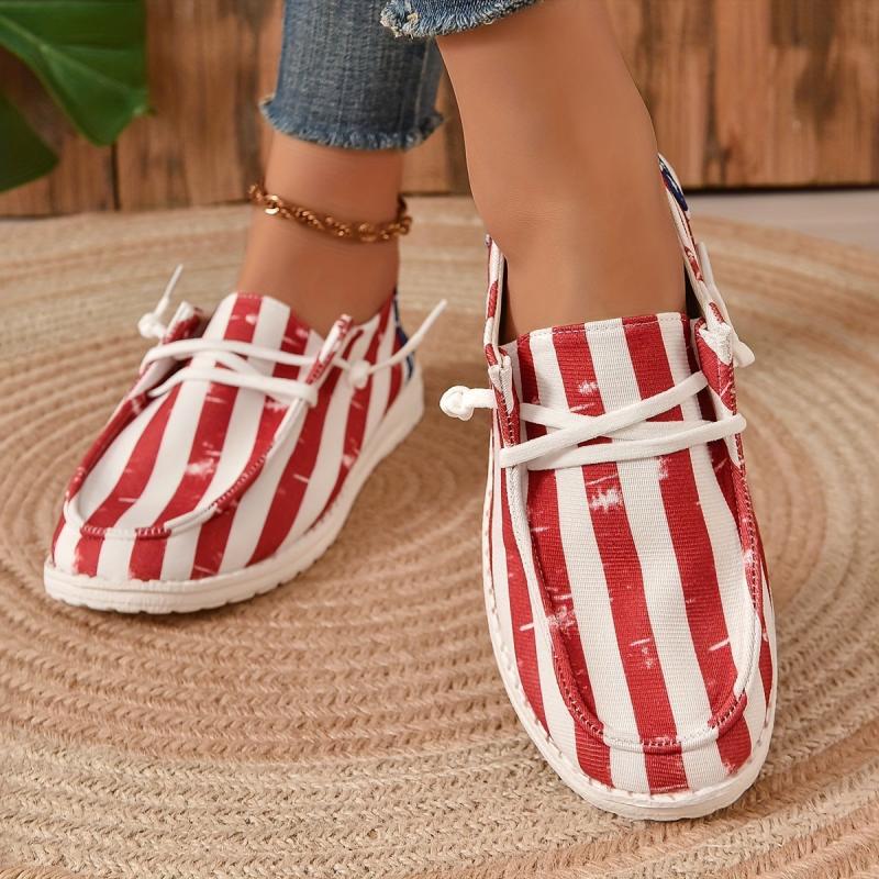 Women's Stars & Striped Pattern Canvas Shoes Casual Lace Up Flat Loafers