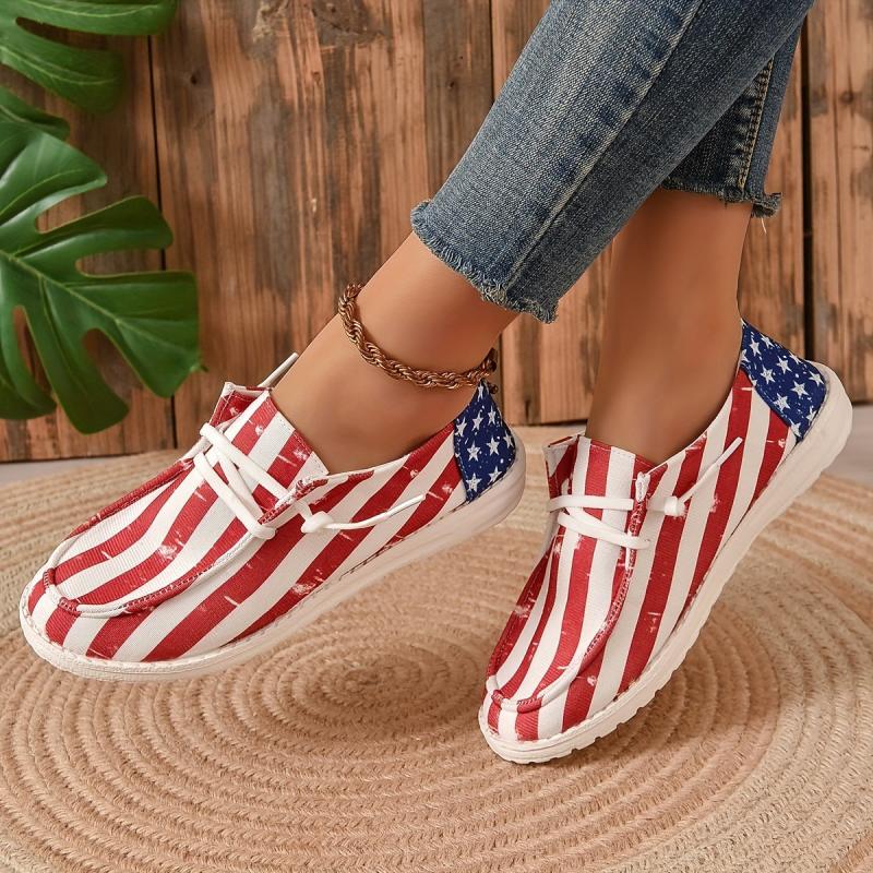 Women's Stars & Striped Pattern Canvas Shoes Casual Lace Up Flat Loafers