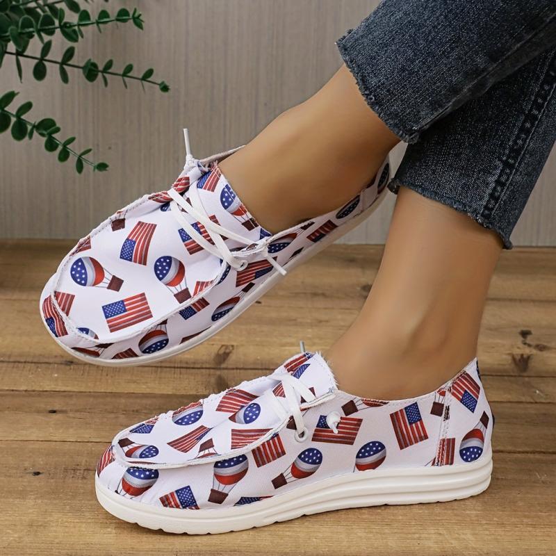 Women's Flag Pattern Flat Loafers Low Lace Up Round Toe Lightweight Shoes