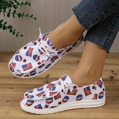 Women's Flag Pattern Flat Loafers Low Lace Up Round Toe Lightweight Shoes