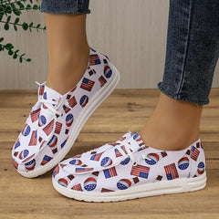 Women's Flag Pattern Flat Loafers Low Lace Up Round Toe Lightweight Shoes