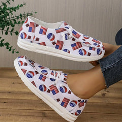 Women's Flag Pattern Flat Loafers Low Lace Up Round Toe Lightweight Shoes