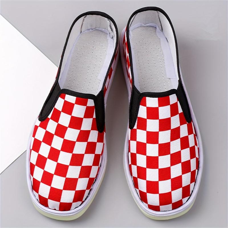 Women's Checkerboard Flat Canvas Shoes Slip On Loafers Casual Low Top Sneakers