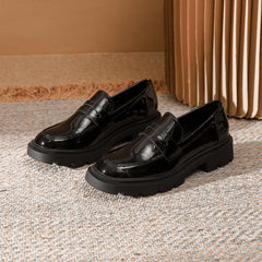Women's Solid Flat Loafers Patent Leather Slip On Low Thick sole Shoes