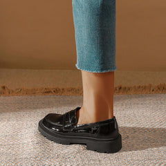 Women's Solid Flat Loafers Patent Leather Slip On Low Thick sole Shoes