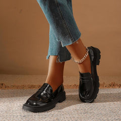 Women's Solid Flat Loafers Patent Leather Slip On Low Thick sole Shoes