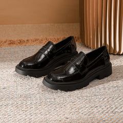 Women's Solid Flat Loafers Patent Leather Slip On Low Thick sole Shoes