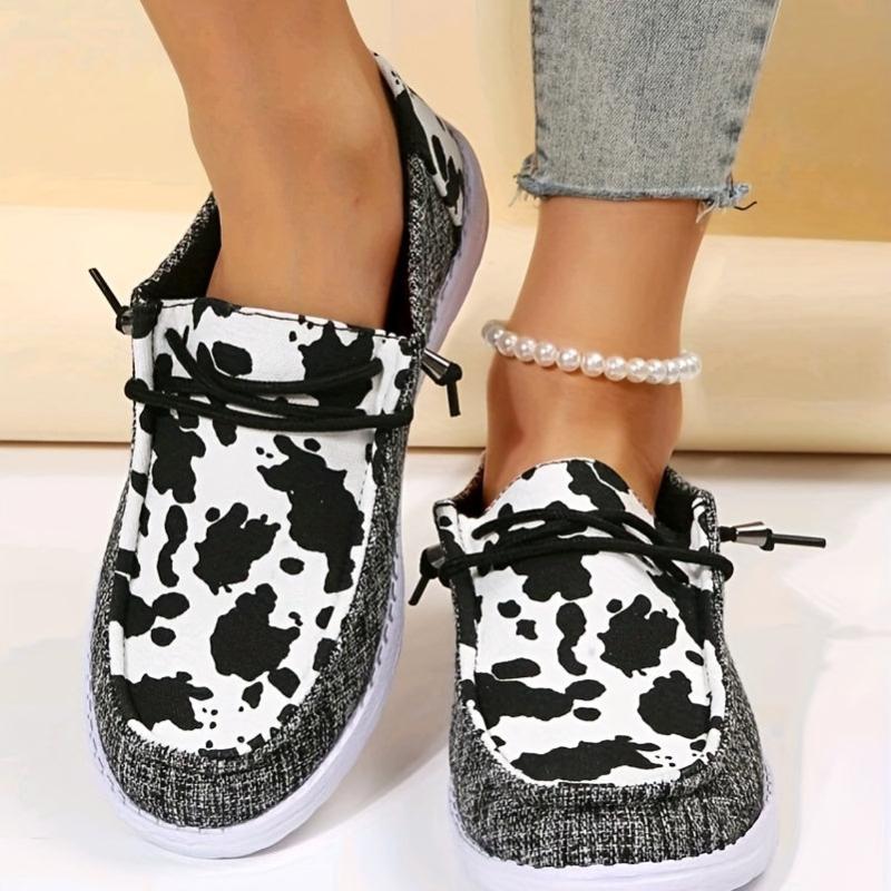 Cow Print Flat Loafers Slip On Canvas Shoes Round Toe Low Top