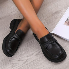 Women's Chunky Heel Loafers British Comfort Faux Leather Shoes