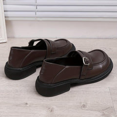 Women's Chunky Heel Loafers British Style Buckle Strap Shoes