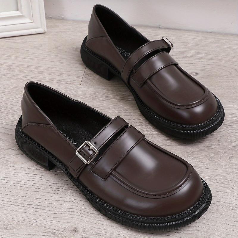 Women's Chunky Heel Loafers British Style Buckle Strap Shoes