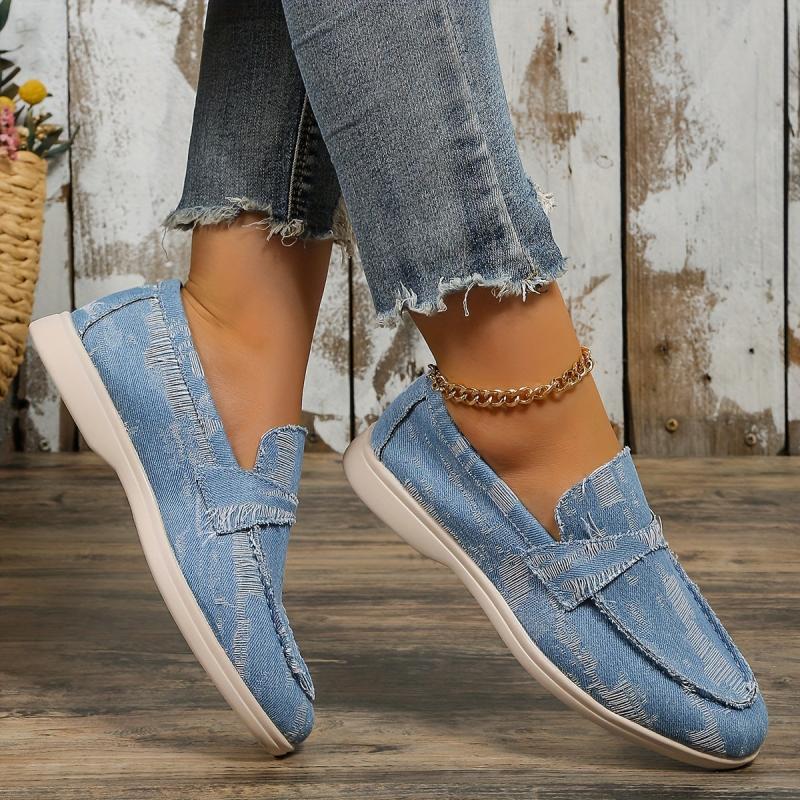 Women's Denim Flat Loafers Slip On Walking Shoes Casual Flats
